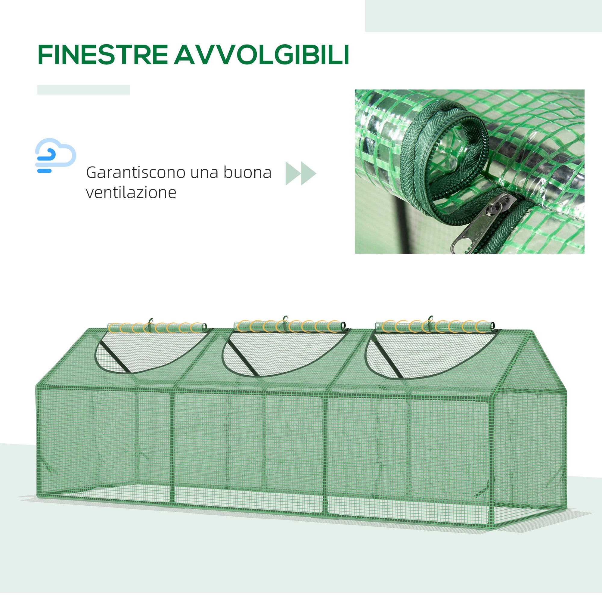 EasyComfort Mini Serra da Giardino con 3 Finestre Avvolgibili e Copertura PE Anti-UV, 180x60x60cm, Verde