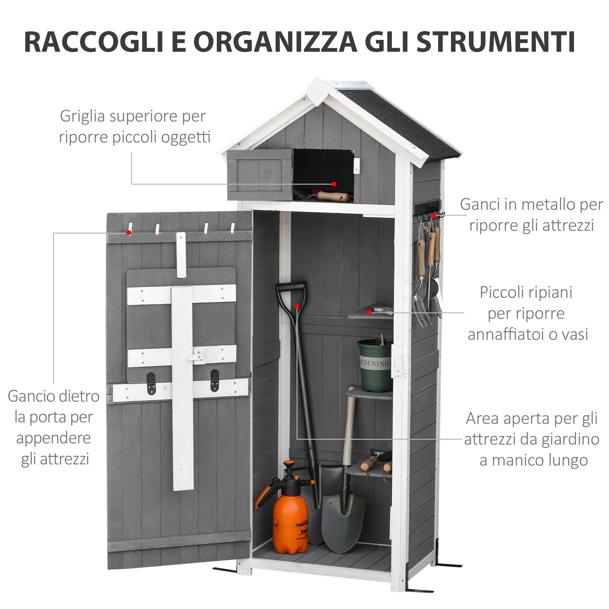 EasyComfort Casetta da Giardino Porta Attrezzi in Abete con Ripiano Rimovibile e Tavolo da Lavoro, 78x52.5x182 cm, Grigia