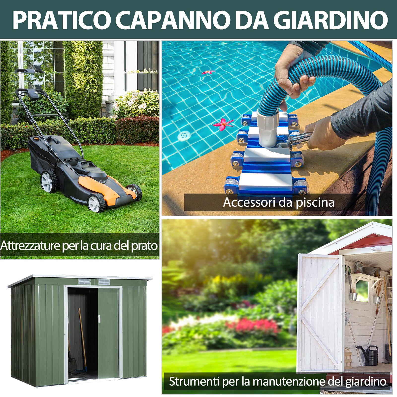 EASYCOMFORT  Casetta da Giardino in Acciaio con Doppia Porta Scorrevole e Prese d'Aria, 213x130x173 cm, Verde