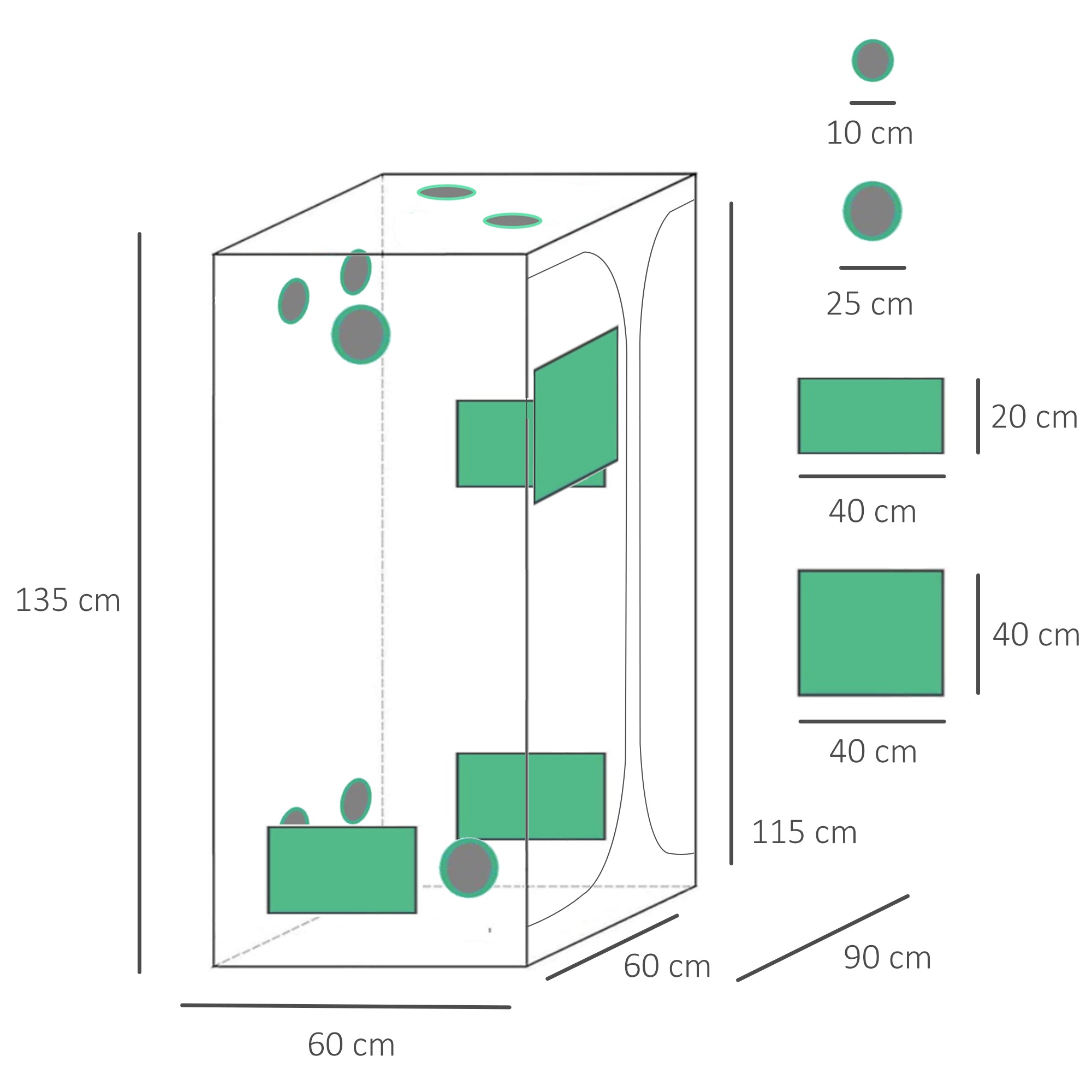 Serra Idroponica in Tessuto Riflettente con Prese d'Aria 90x60x135 cm Nera e Verde