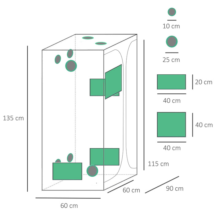 Serra Idroponica in Tessuto Riflettente con Prese d'Aria 90x60x135 cm Nera e Verde