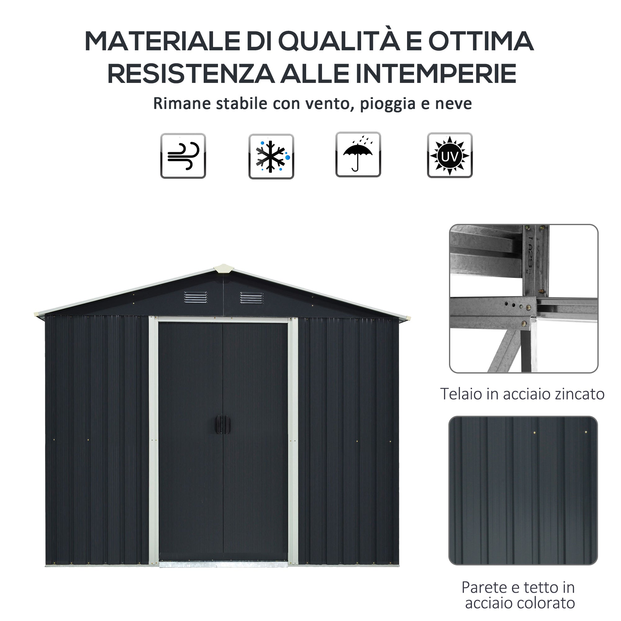 EASYCOMFORT  Casetta da Giardino Porta Utensili in Lamiera di Acciaio, Capanno da Giardino in Acciaio con Porte Scorrevoli, 236x174x190cm, Grigio