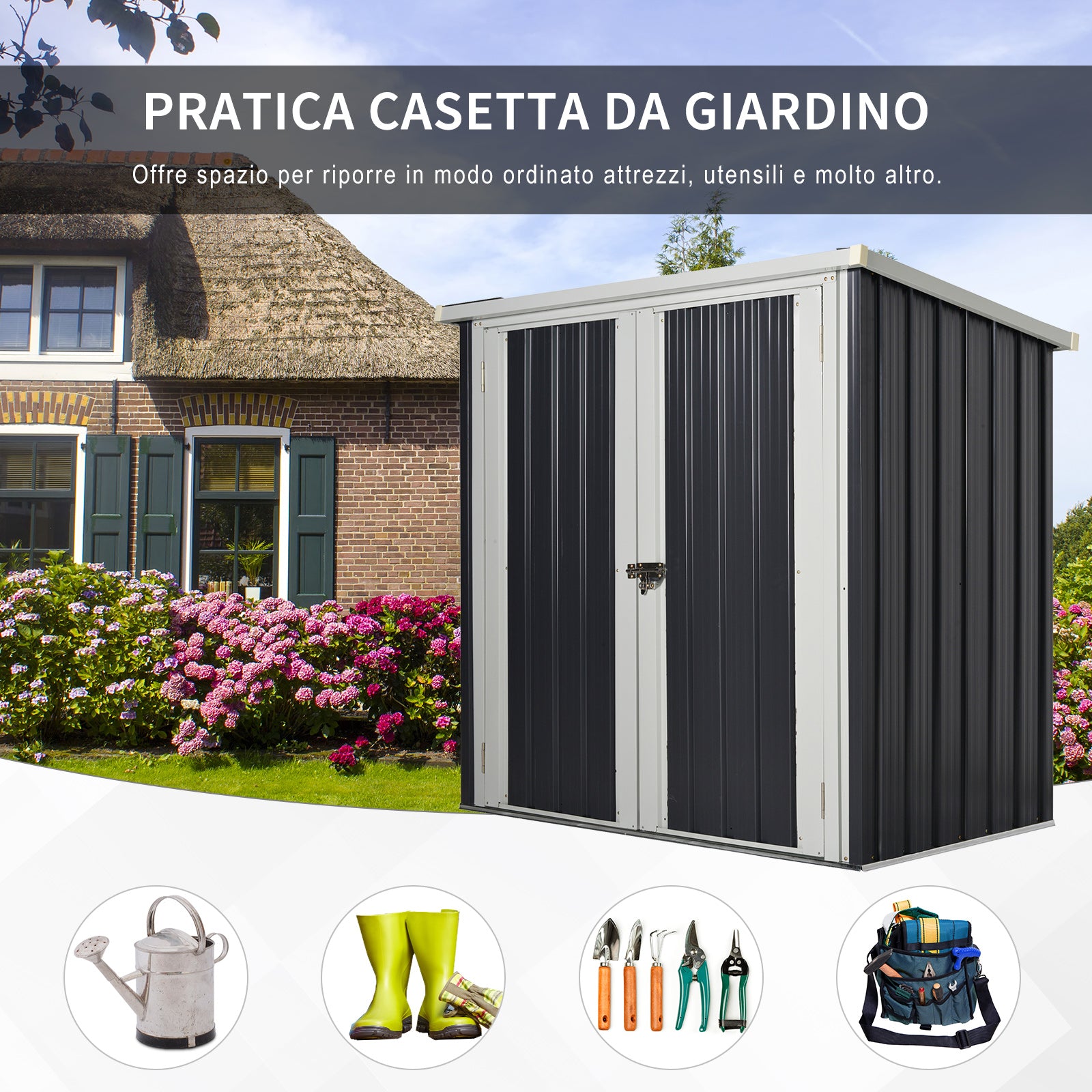 EasyComfort Casetta da Giardino in Lamiera di Acciaio con Doppia Porta, 147x86x134cm, Nero e Bianco