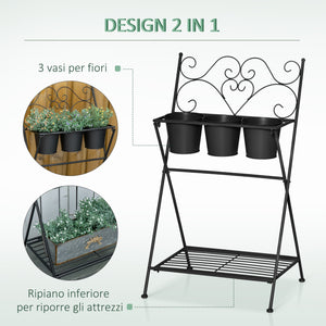 EasyComfort Portapiante in Metallo Pieghevole con 3 Vasi e Ripiano Inferiore per Casa e Giardino, 47x37x78.5cm, Nero