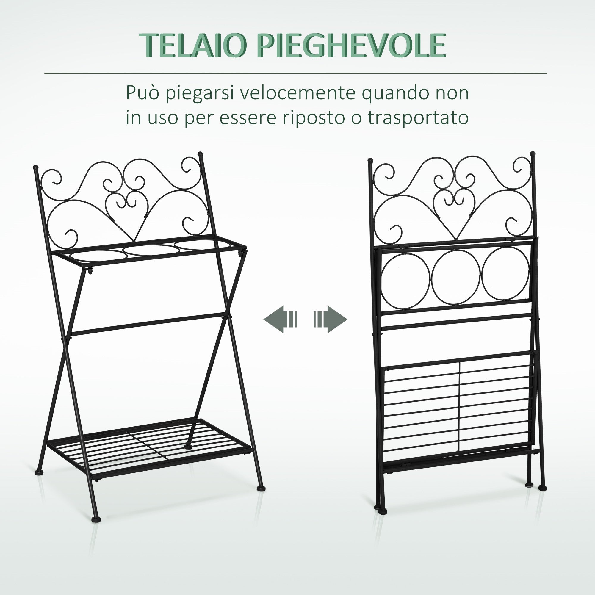 EasyComfort Portapiante in Metallo Pieghevole con 3 Vasi e Ripiano Inferiore per Casa e Giardino, 47x37x78.5cm, Nero