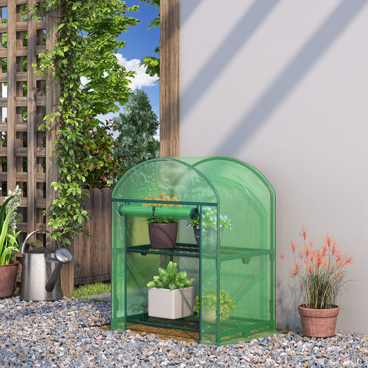 EasyComfort Mini Serra da Giardino con 2 Ripiani in Metallo e Copertura in PE, 69x49x92cm, Verde