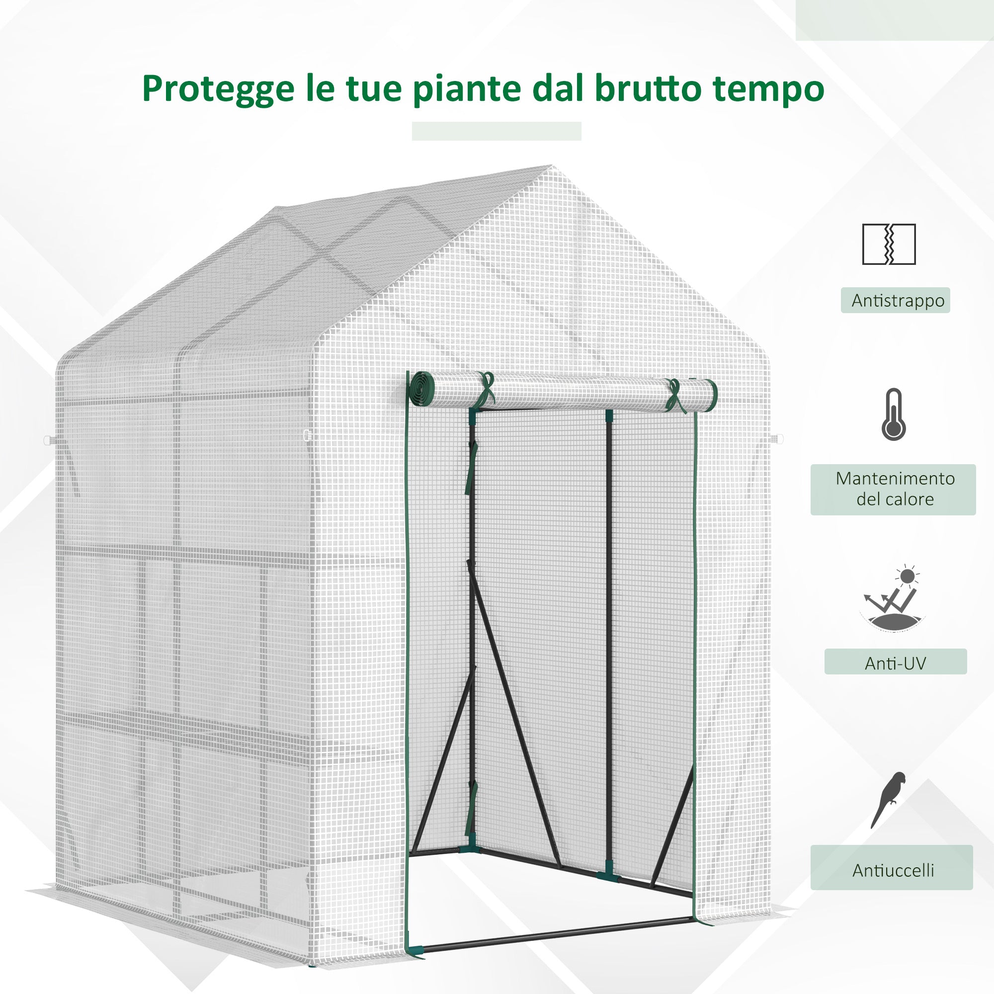 EasyComfort Serra da Giardino per Esterni in Acciaio e PE con 2 Scaffali e Porta Avvolgibile, 143x143x195 cm, Bianco