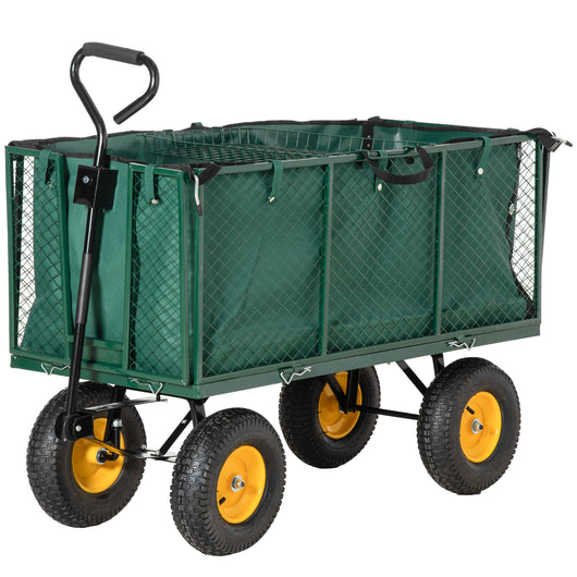 EasyComfort Carrello da Giardino in Acciaio con Pareti Laterali Ribaltabili e 4 Ruote, Capienza 342L, Verde