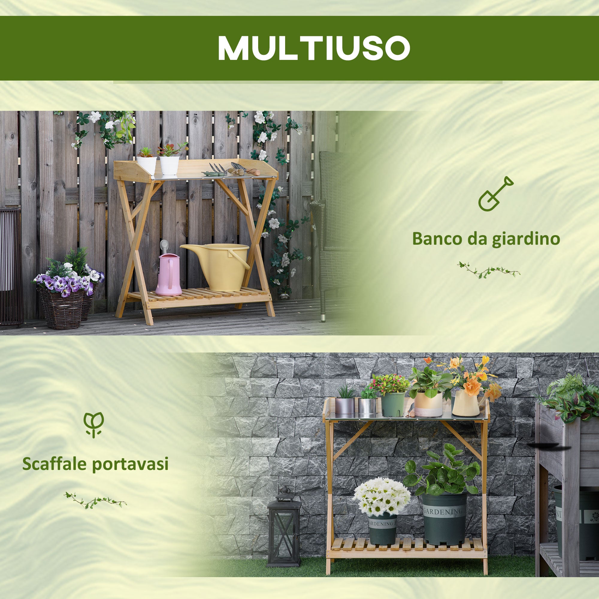 EasyComfort Tavolo da Giardinaggio in Legno con Piano in Metallo Antiruggine e Ripiano Portaoggetti, 80x40x84cm