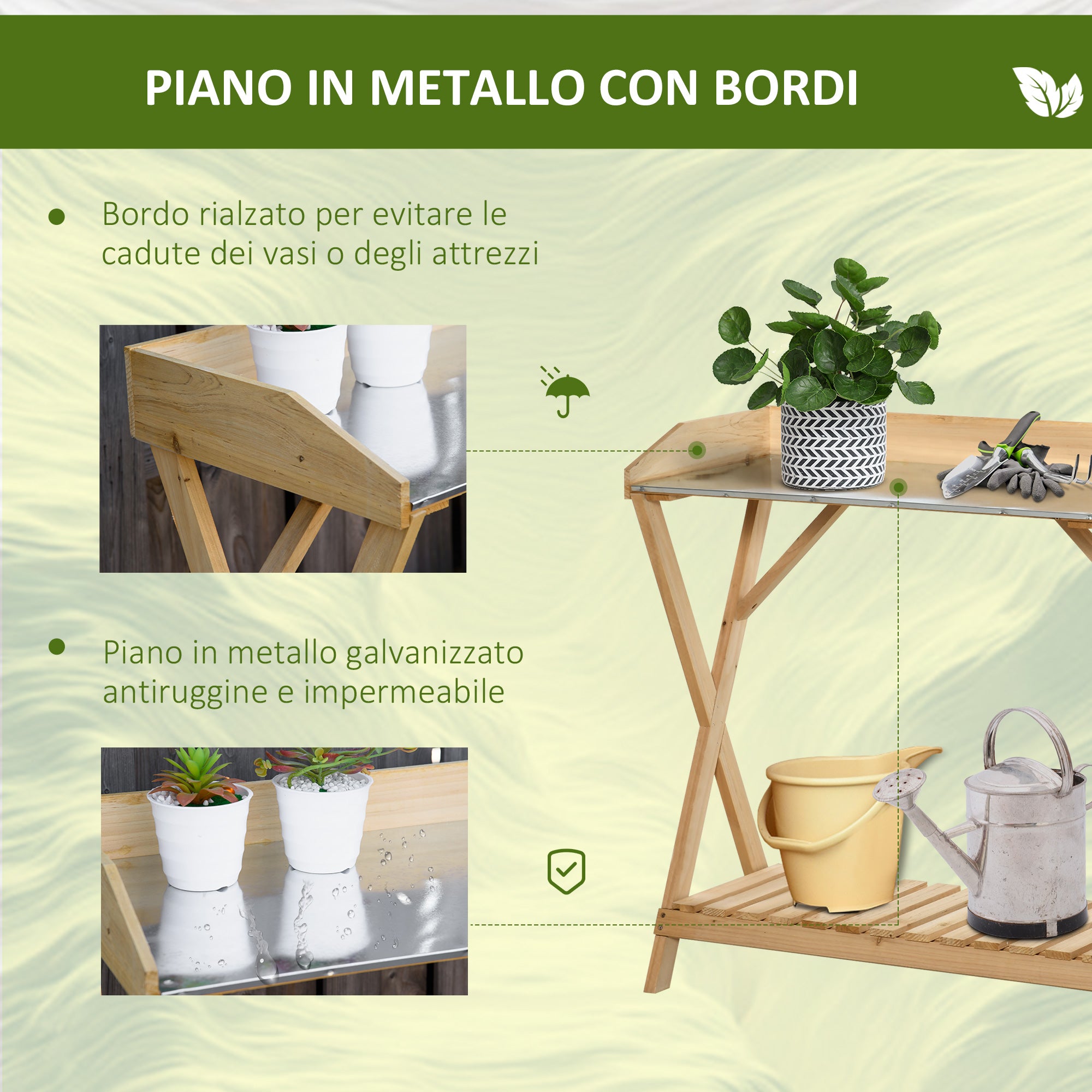 EasyComfort Tavolo da Giardinaggio in Legno con Piano in Metallo Antiruggine e Ripiano Portaoggetti, 80x40x84cm