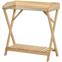 EasyComfort Tavolo da Giardinaggio in Legno con Piano in Metallo Antiruggine e Ripiano Portaoggetti, 80x40x84cm