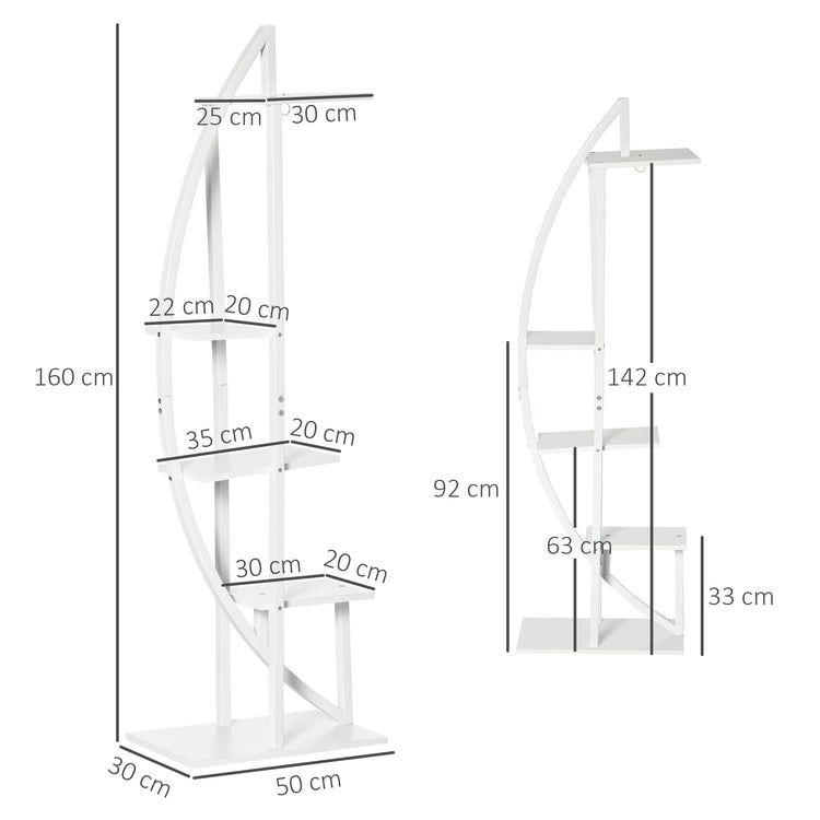 EasyComfort Portafiori a 5 Livelli a Mezzaluna per Interni ed Esterni in MDF e Acciaio, 50x30x160 cm, Bianco