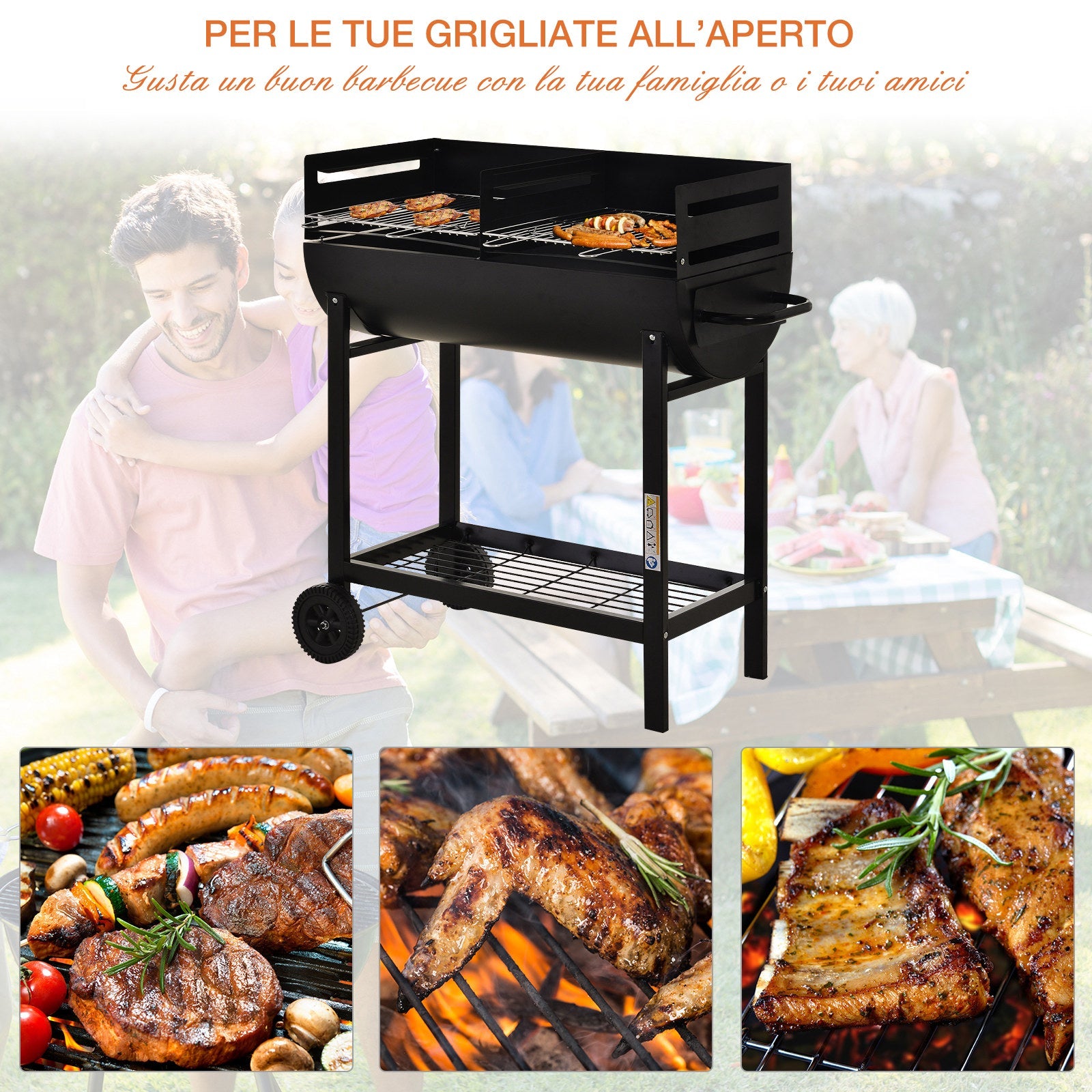 Barbecue a Carbone Carbonella in Acciaio 90x45x96 cm  Rush Nero