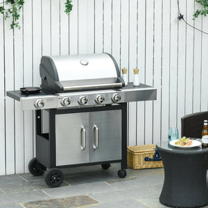 EasyComfort Barbecue Gas con Coperchio e 5 Bruciatori da 15.2kW e 4 Ruote, 128x56x113cm