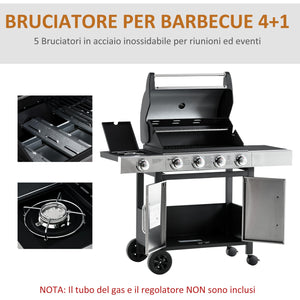 EasyComfort Barbecue Gas con Coperchio e 5 Bruciatori da 15.2kW e 4 Ruote, 128x56x113cm