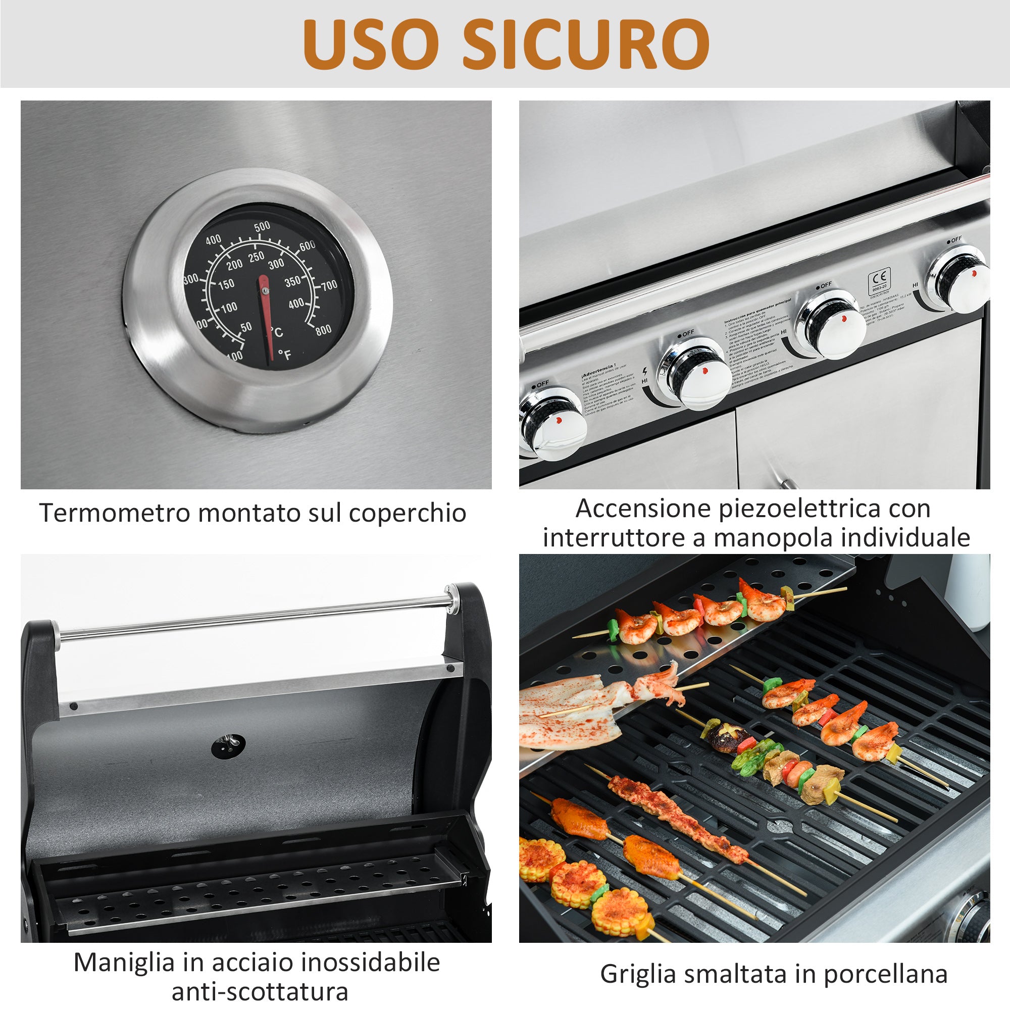 EasyComfort Barbecue Gas con Coperchio e 5 Bruciatori da 15.2kW e 4 Ruote, 128x56x113cm