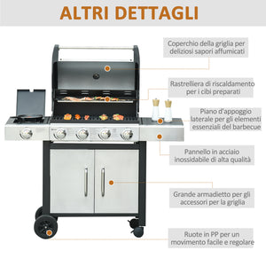 EasyComfort Barbecue Gas con Coperchio e 5 Bruciatori da 15.2kW e 4 Ruote, 128x56x113cm