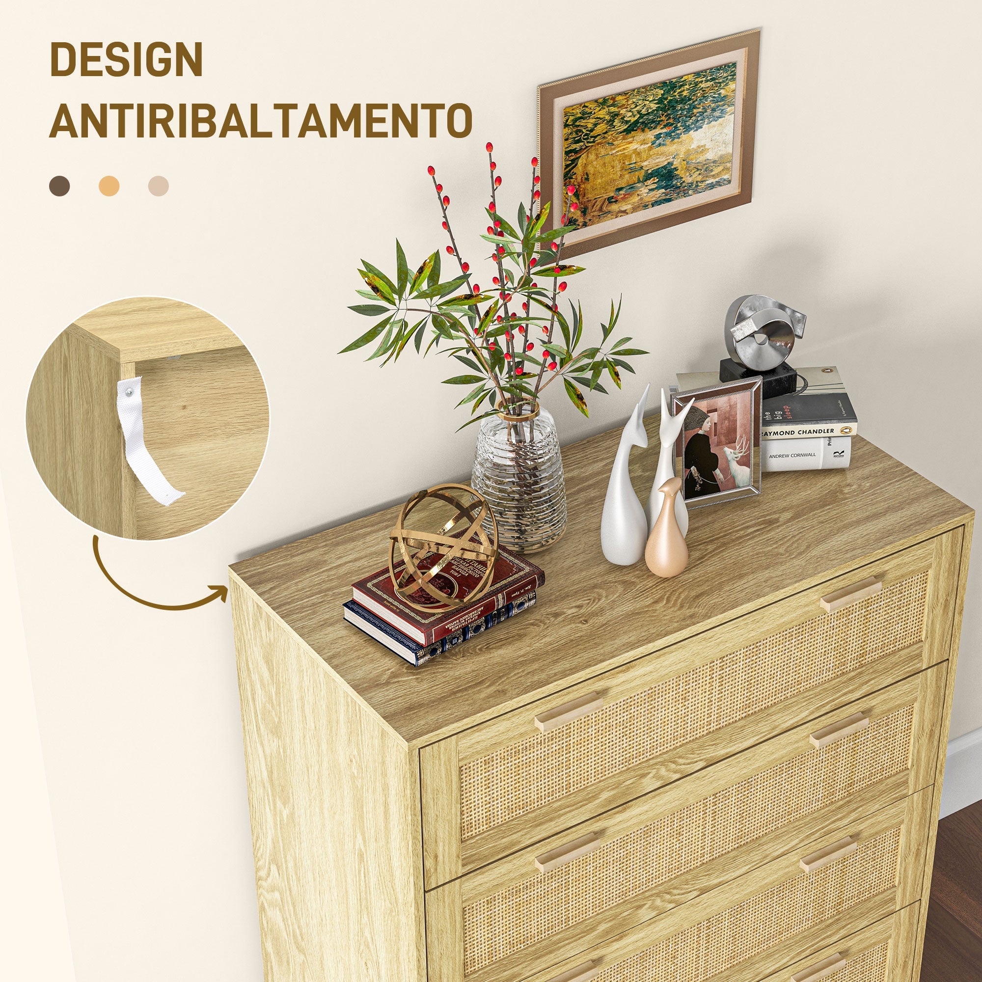 Cassettiera 4 Cassetti Stile Boho 90x45x108,5 cm in Legno e Rattan Rovere