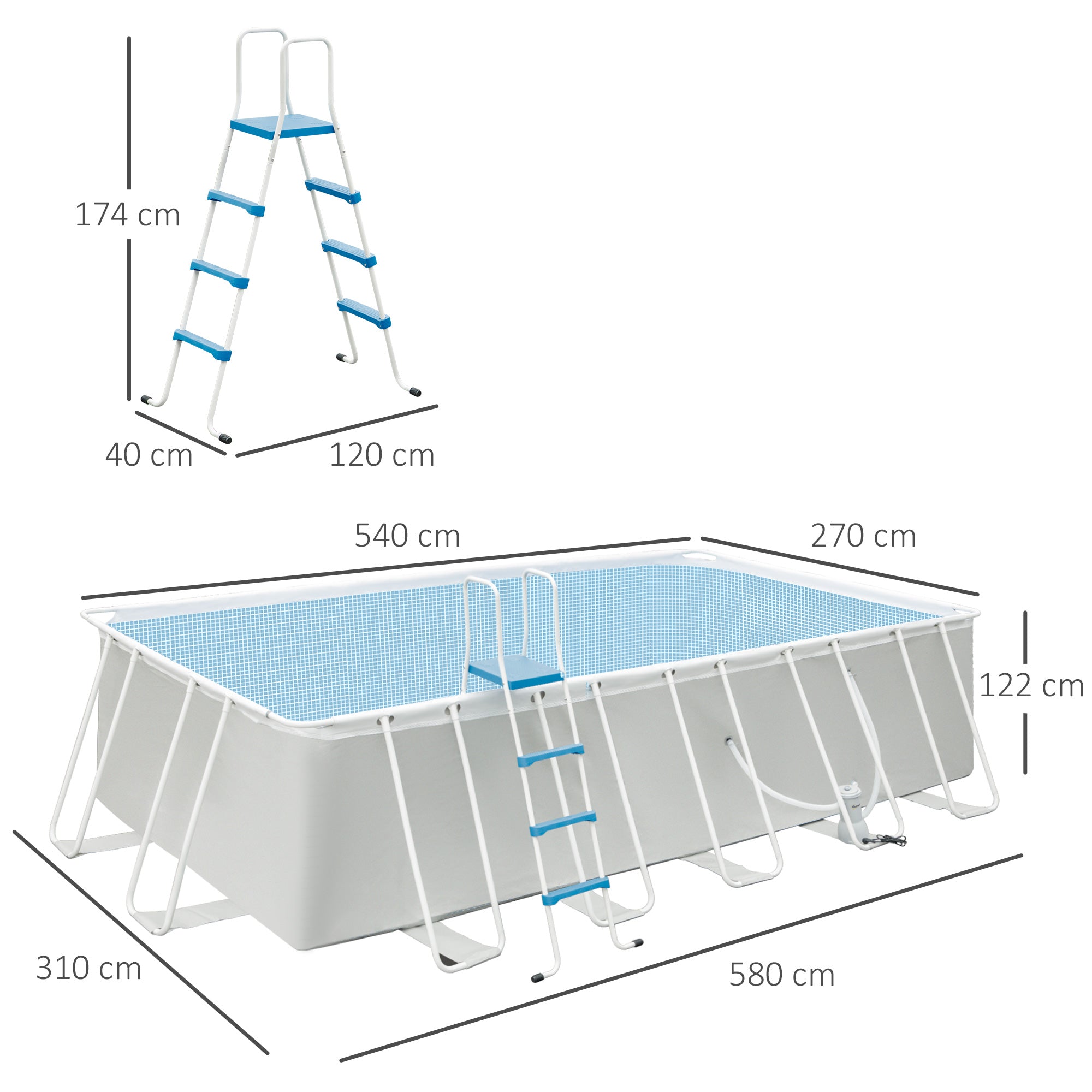 EasyComfort Piscina Fuori Terra in Acciaio e PVC Rinforzato con Filtro, 580x310x122cm, Grigio Chiaro