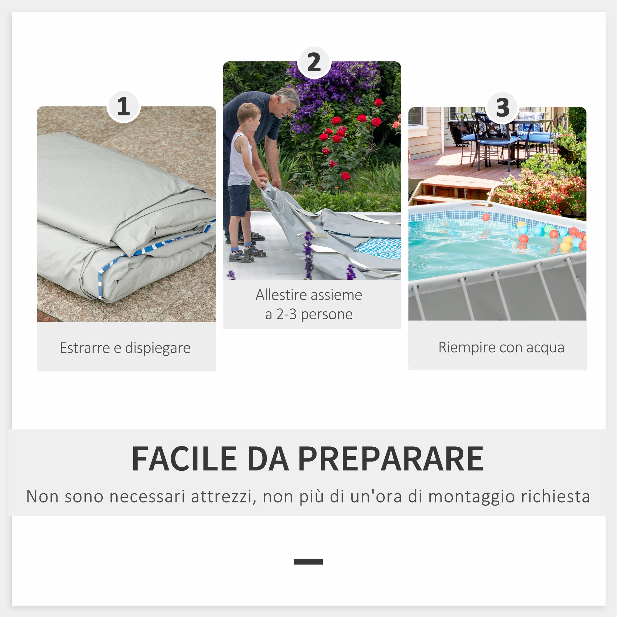 EasyComfort Piscina Fuori Terra in Acciaio e PVC Rinforzato con Filtro, 580x310x122cm, Grigio Chiaro