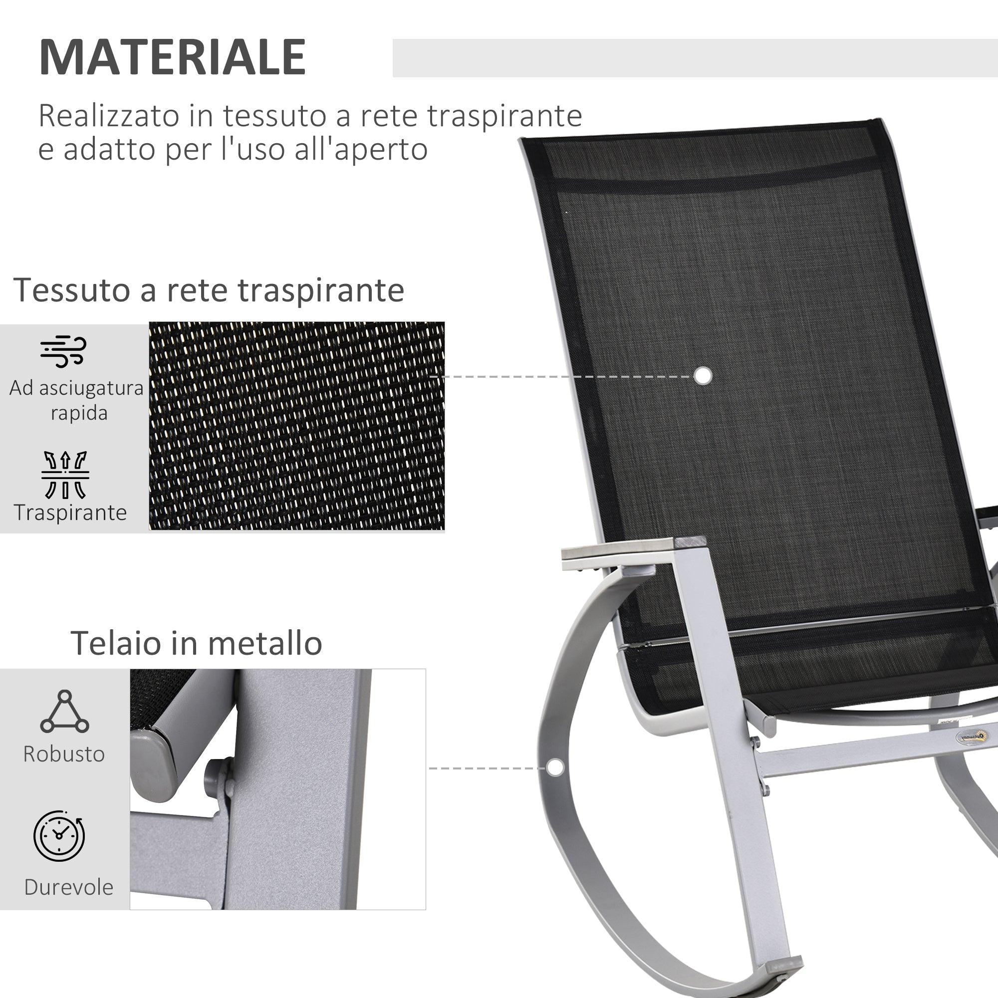 Sedia a Dondolo da Giardino 107x60x93 cm in Metallo e Tessuto Nero