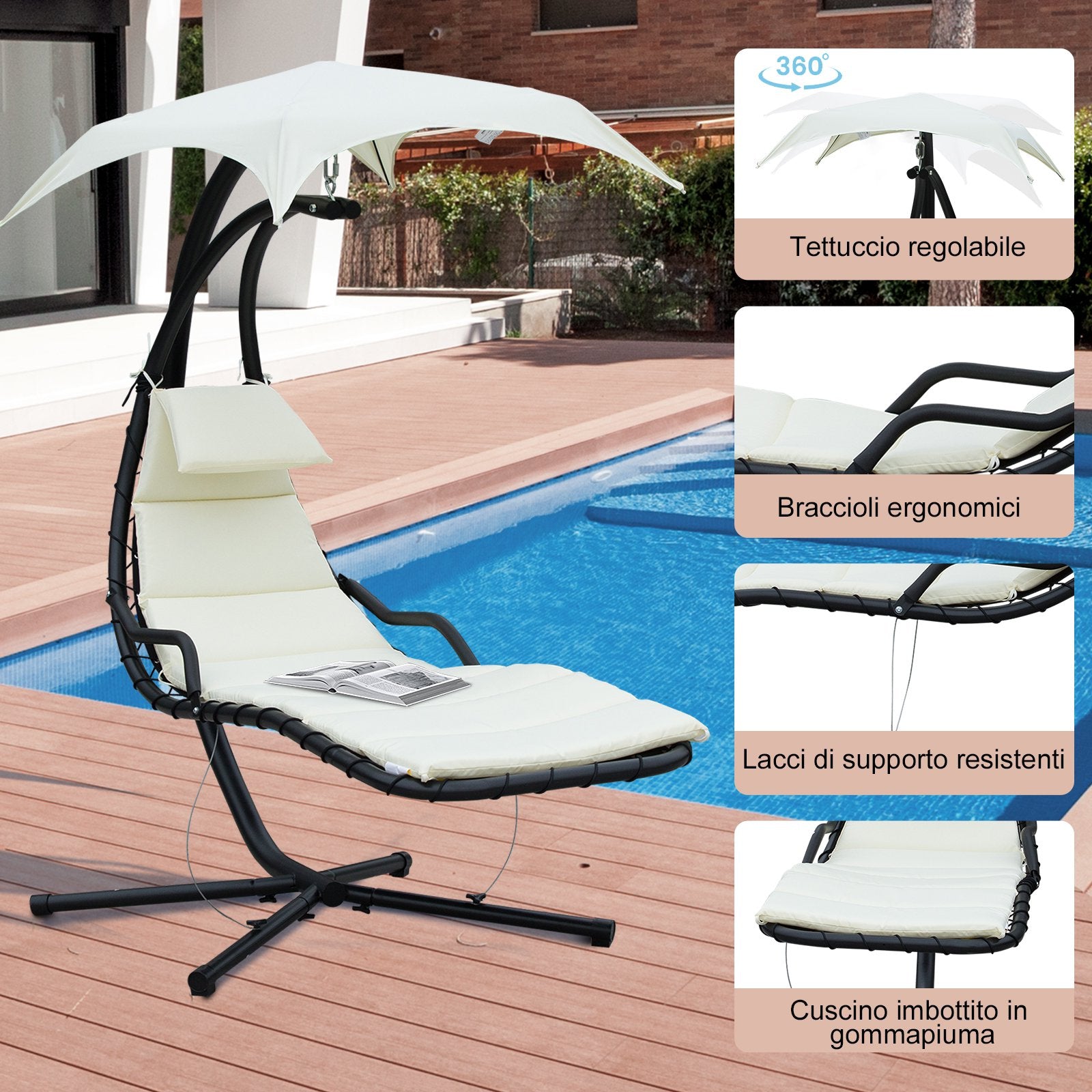 Easycomfort Sdraio Sospesa da Giardino, Lettino Sospeso Imbottito per Esterno con Tettuccio, Crema 190x115x190cm