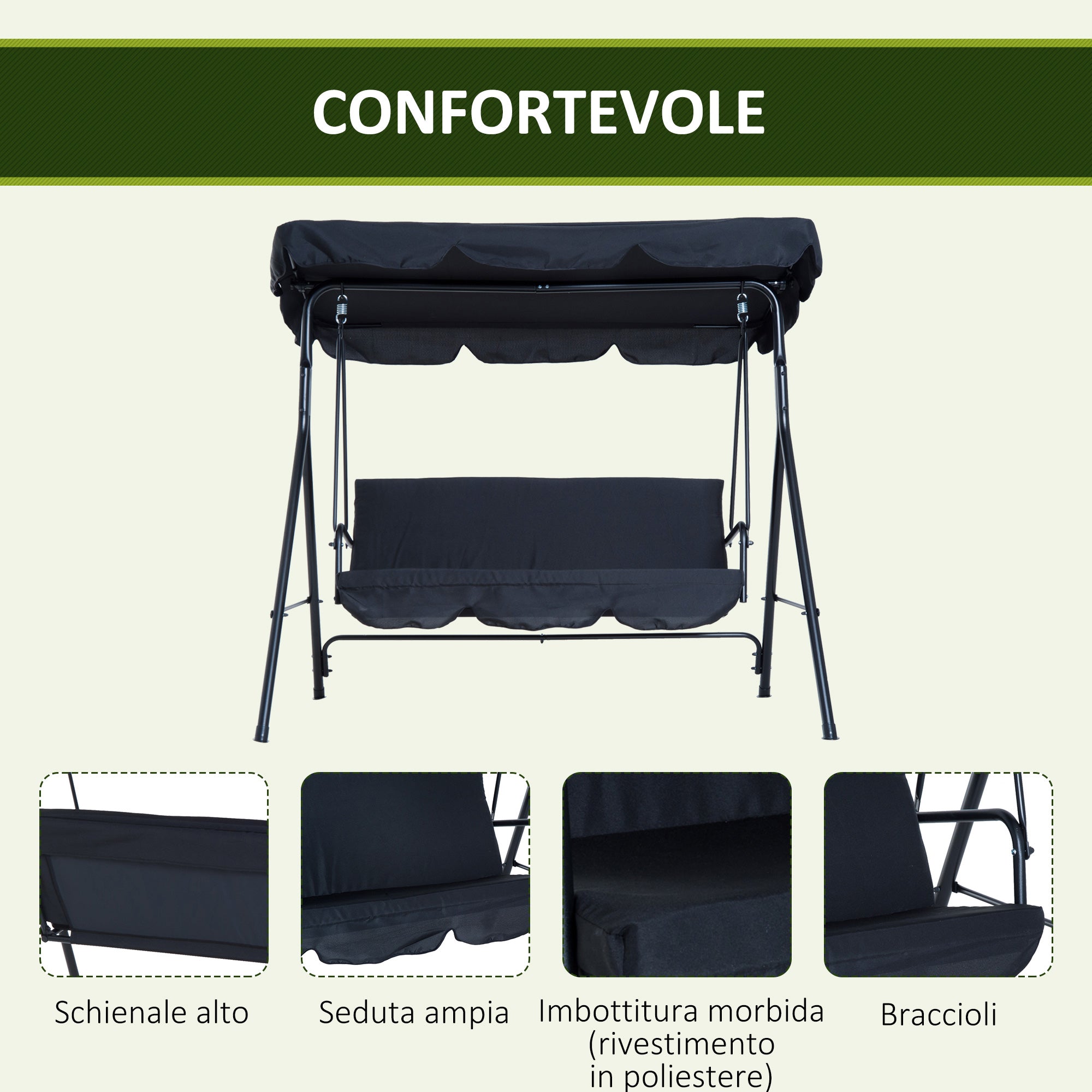 Easycomfort Dondolo da Giardino 3 Posti con Tetto Parasole Regolabile e Struttura in Acciaio, 172x110x153cm, Nero