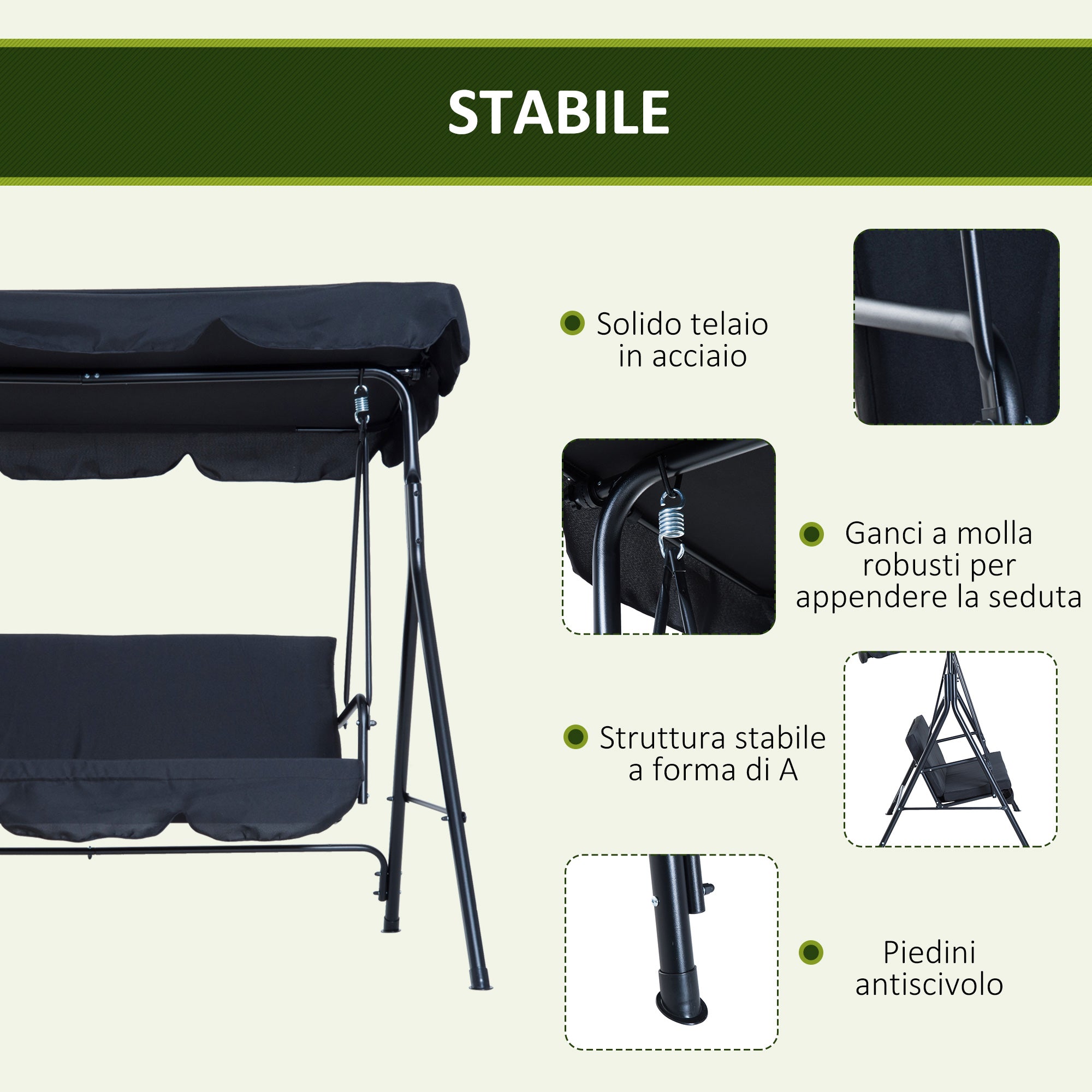 Easycomfort Dondolo da Giardino 3 Posti con Tetto Parasole Regolabile e Struttura in Acciaio, 172x110x153cm, Nero