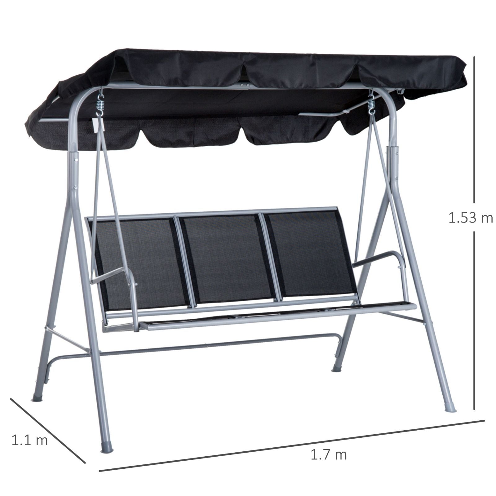 Easycomfort Dondolo da Giardino a 3 Posti in Metallo, Tetto Parasole Rimovibile e Lavabile, Nero e Argento, 171x108x154cm