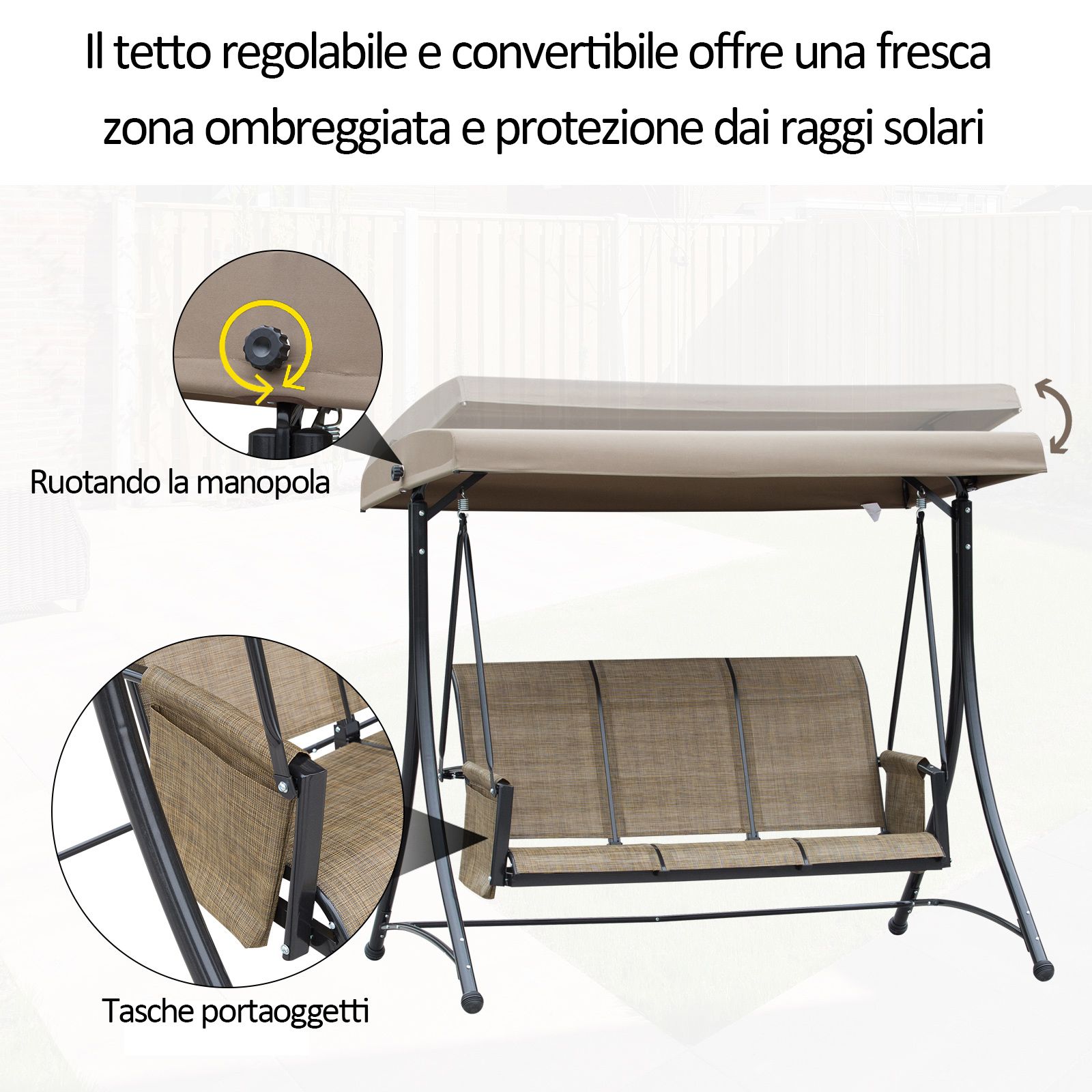 Easycomfort Dondolo da Giardino a 3 Posti con Tettuccio Regolabile e Tasche Portaoggetti Marrone 196x128x172cm