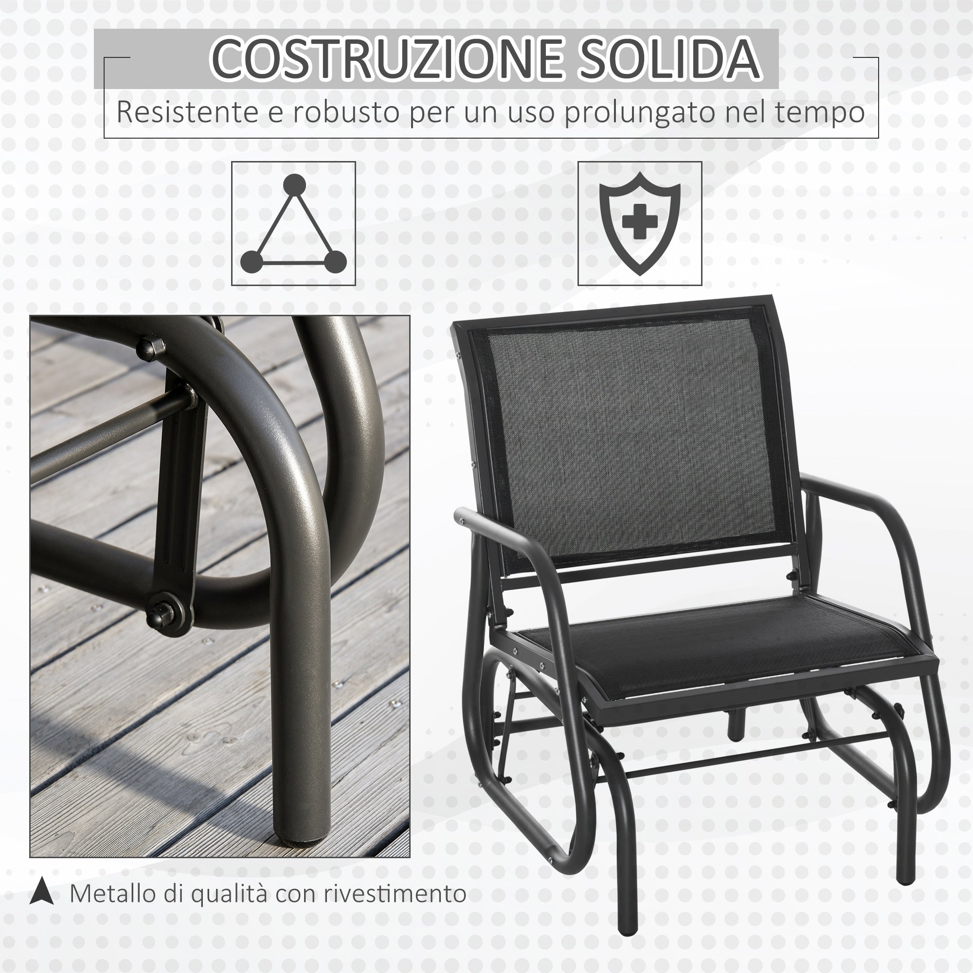 EasyComfort Sedia a Dondolo da Giardino in Metallo e Seduta in Tessuto Traspirante, 75x66x85cm Nero e Grigio Scuro