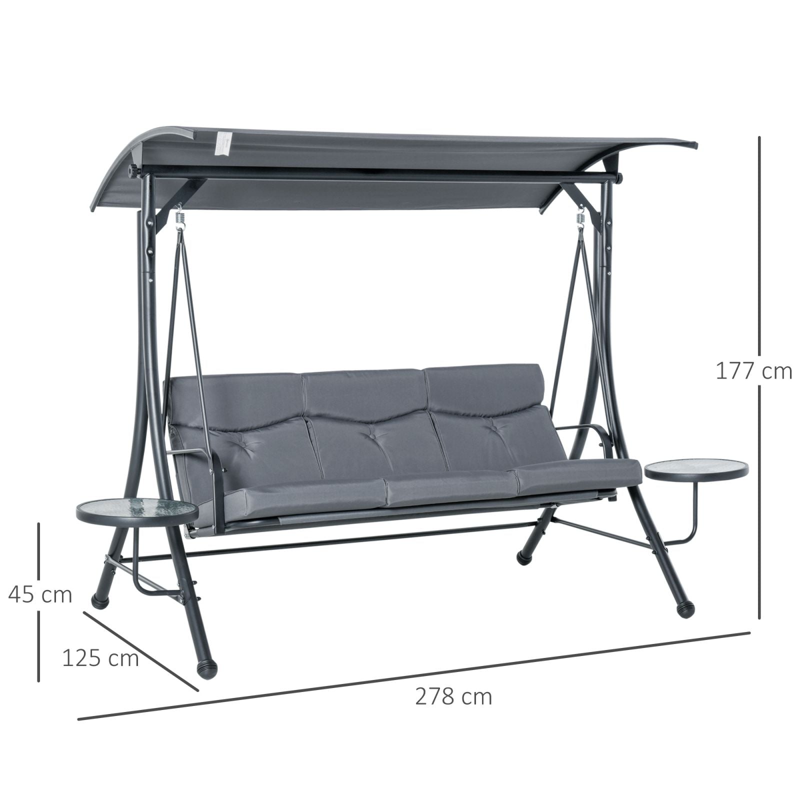 Easycomfort Dondolo da Giardino a 3 Posti , Dondolo da Esterno con Tettuccio Regolabile e 2 Tavolini, Grigio 271x125x177cm