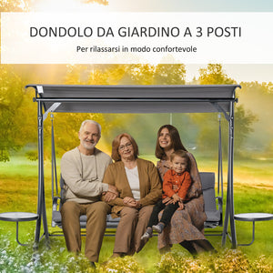 Easycomfort Dondolo da Giardino a 3 Posti , Dondolo da Esterno con Tettuccio Regolabile e 2 Tavolini, Grigio 271x125x177cm