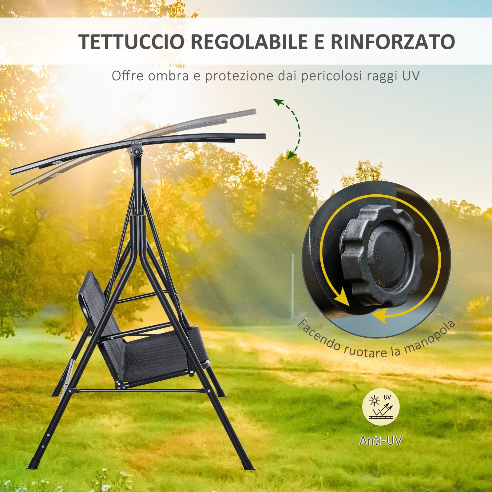 Easycomfort Dondolo da Giardino Terrazza 3 Posti con Tettuccio Regolabile in Metallo e Texteline 172x110x155cm Nero