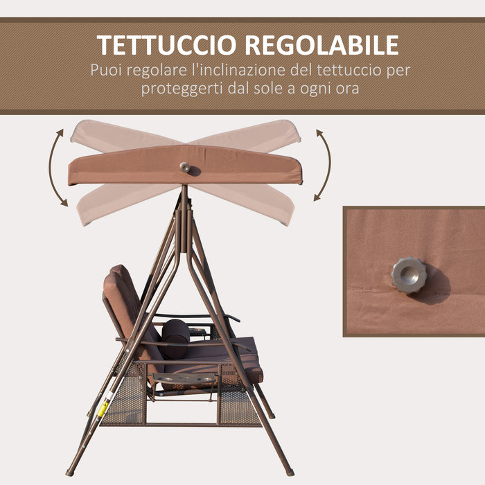 EasyComfort Dondolo da Giardino 2 Posti con Tettuccio Regolabile e Porta Bicchieri, 157x118x180 cm, Marrone