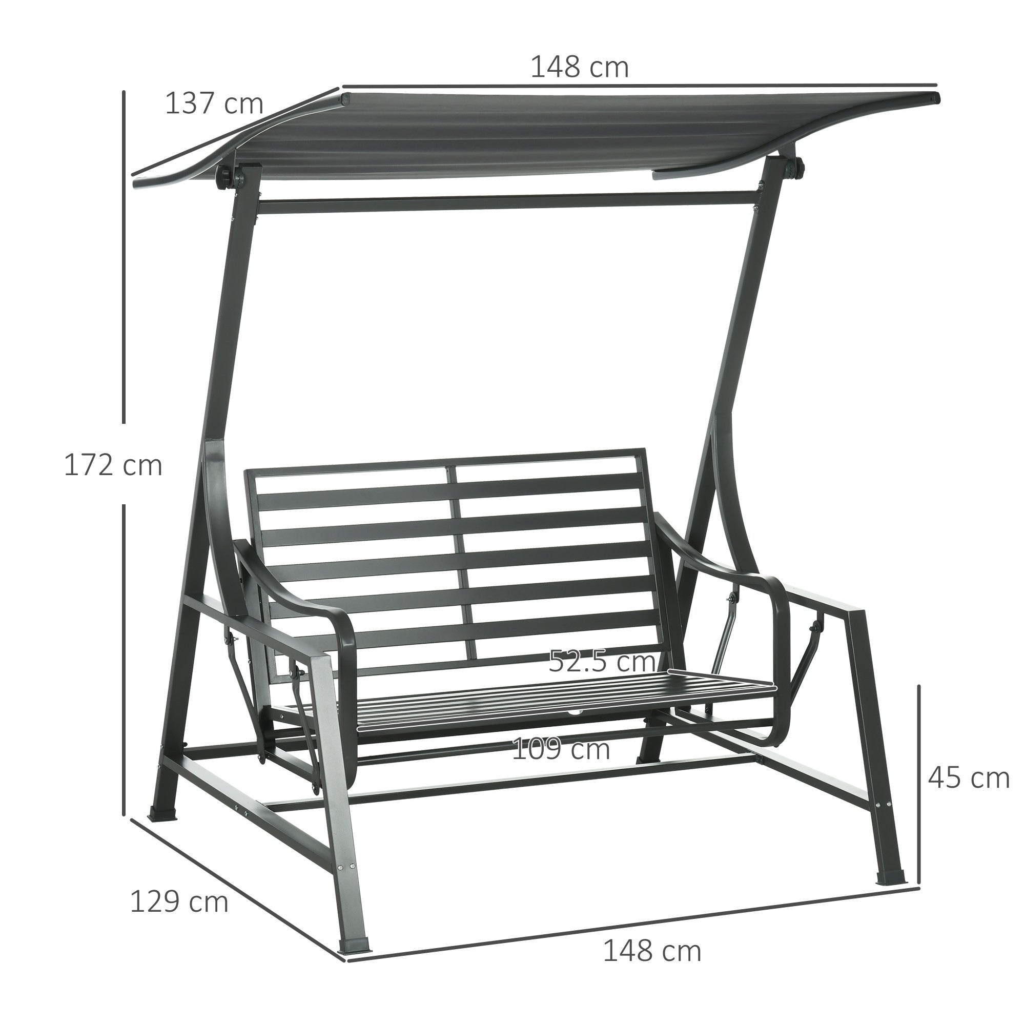 EasyComfort Dondolo da Giardino 2 Posti in Acciaio con Tettuccio Inclinabile e Cuscini, 148x129x172 cm