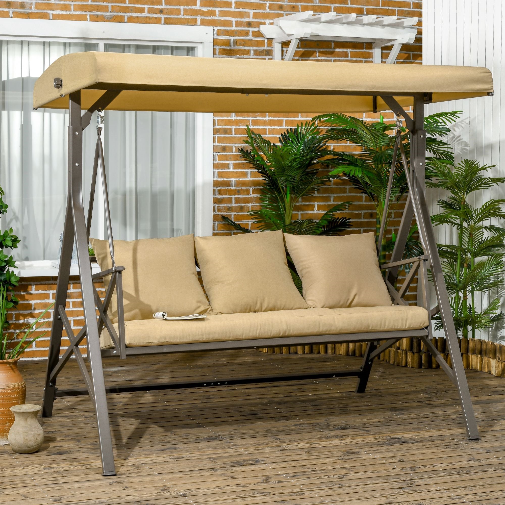 EasyComfort Dondolo da Giardino 3 Posti in Acciaio e Poliestere con Tetto Inclinabile e Cuscini, 190x120x178 cm