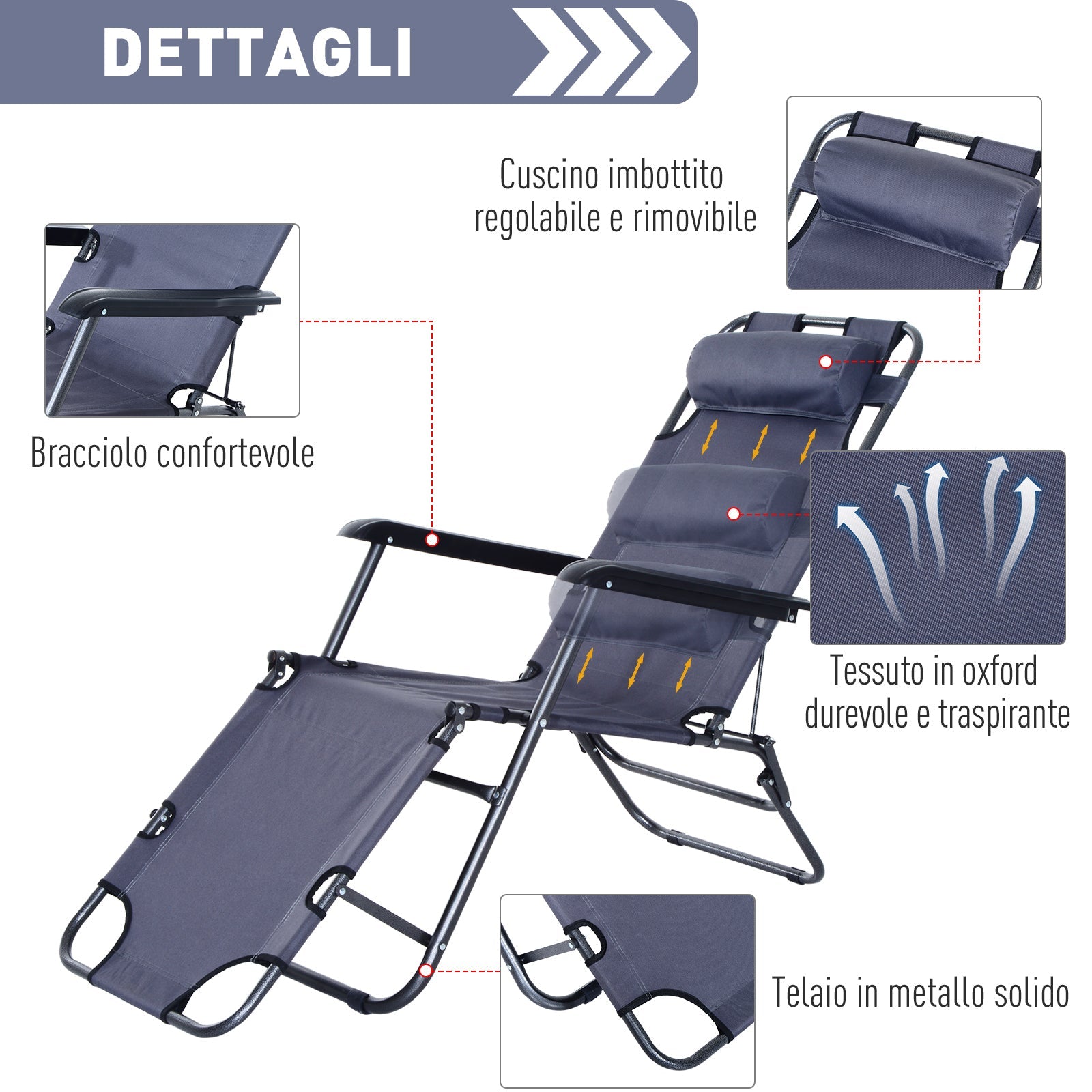 Sedia Sdraio Reclinabile Pieghevole in Metallo e Textilene Grigia