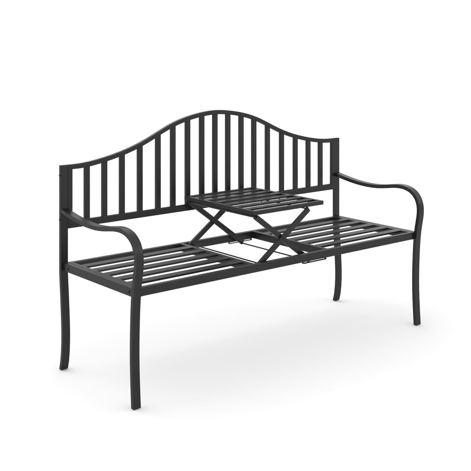 EasyComfort Panchina da Esterno a 2 Posti , Panchina da Giardino con Tavolino Estensibile in Metallo 150 x 53 x 95 cm Nero