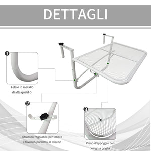 EASYCOMFORT  Tavolo da Ringhiera Altezza Regolabile 3 Livelli in Metallo, 60x56.5x45cm Bianco