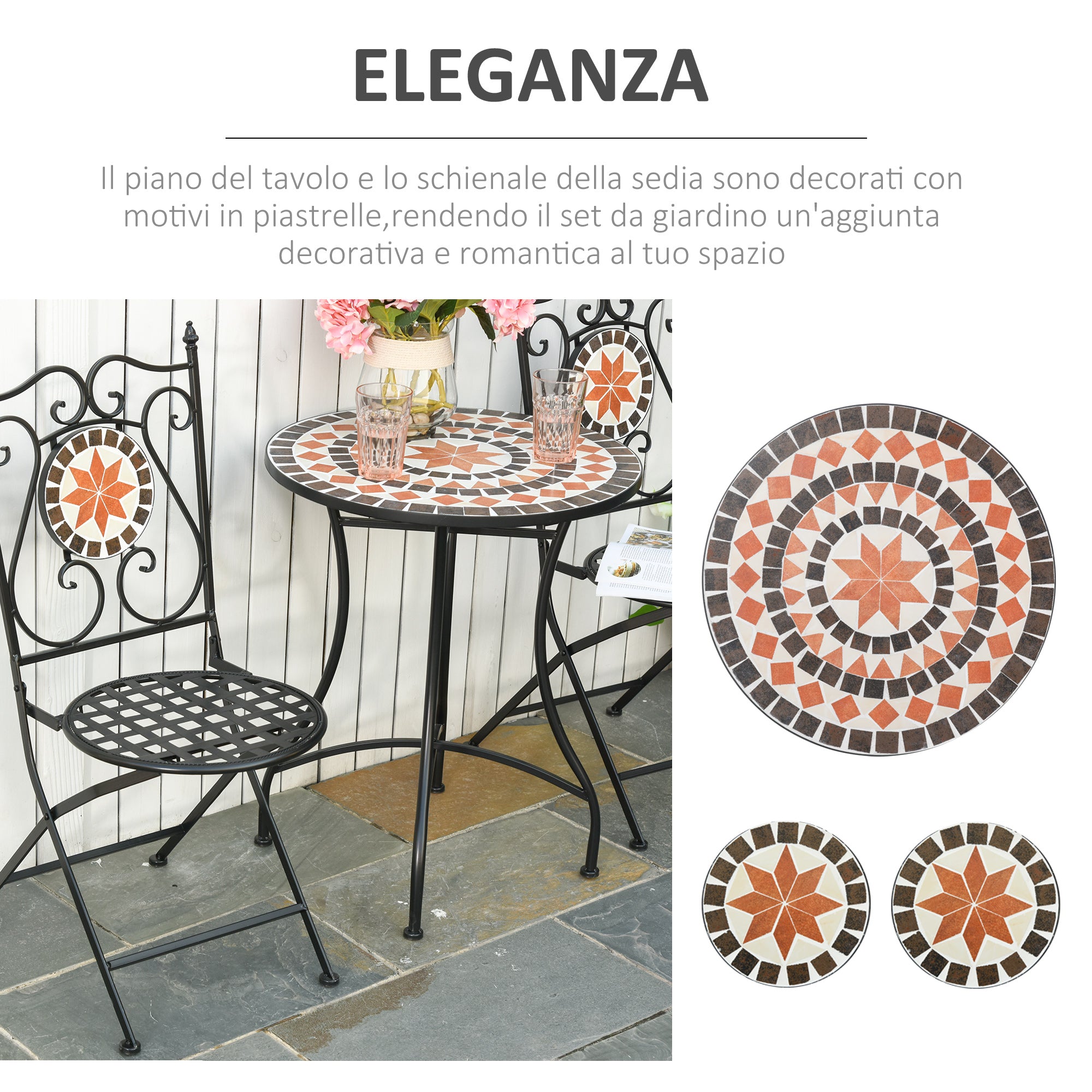 EasyComfort Mobili da Giardino Set da 3 Pezzi con 2 Sedie Pieghevoli e 1 Tavolino, in Metallo e Ceramica