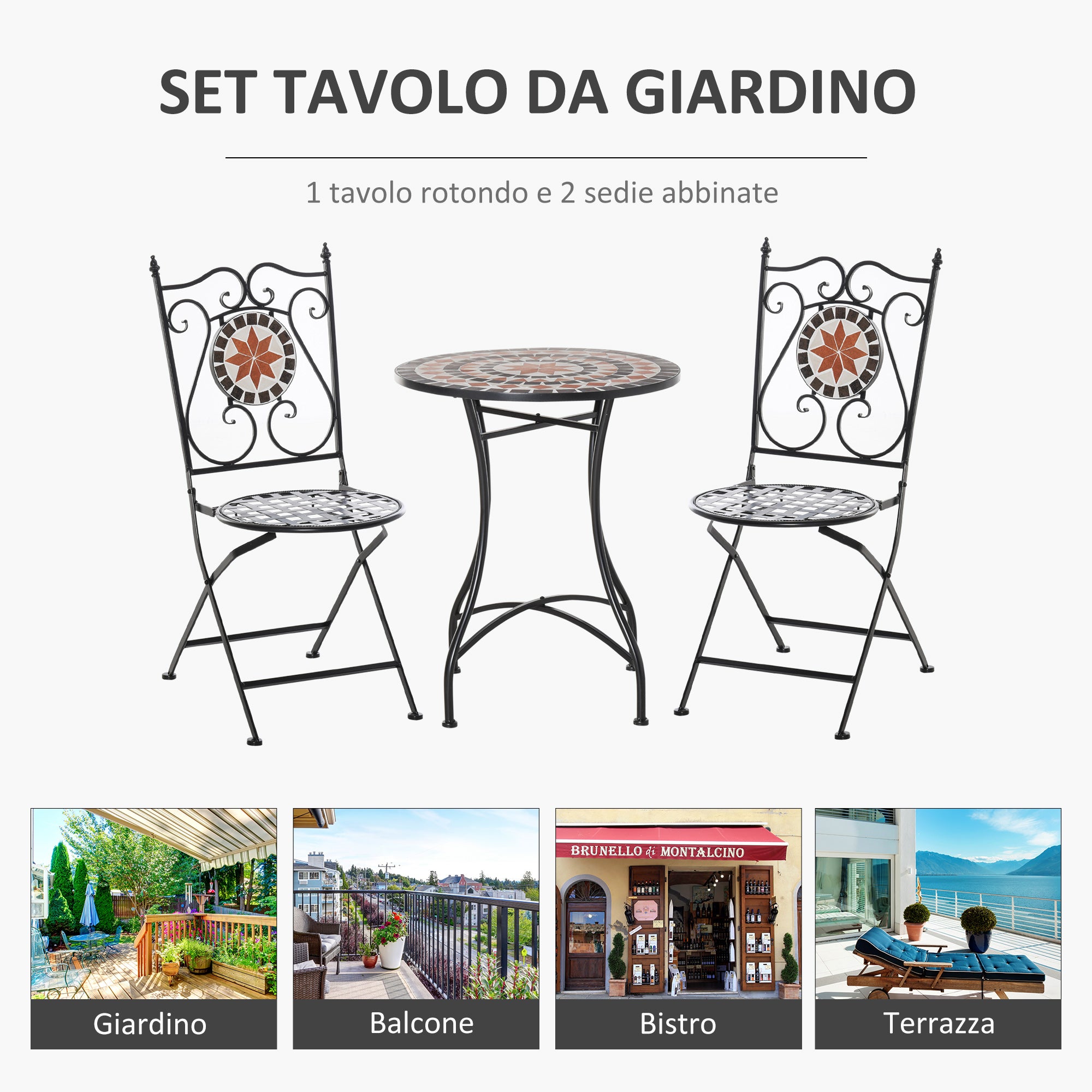 EasyComfort Mobili da Giardino Set da 3 Pezzi con 2 Sedie Pieghevoli e 1 Tavolino, in Metallo e Ceramica