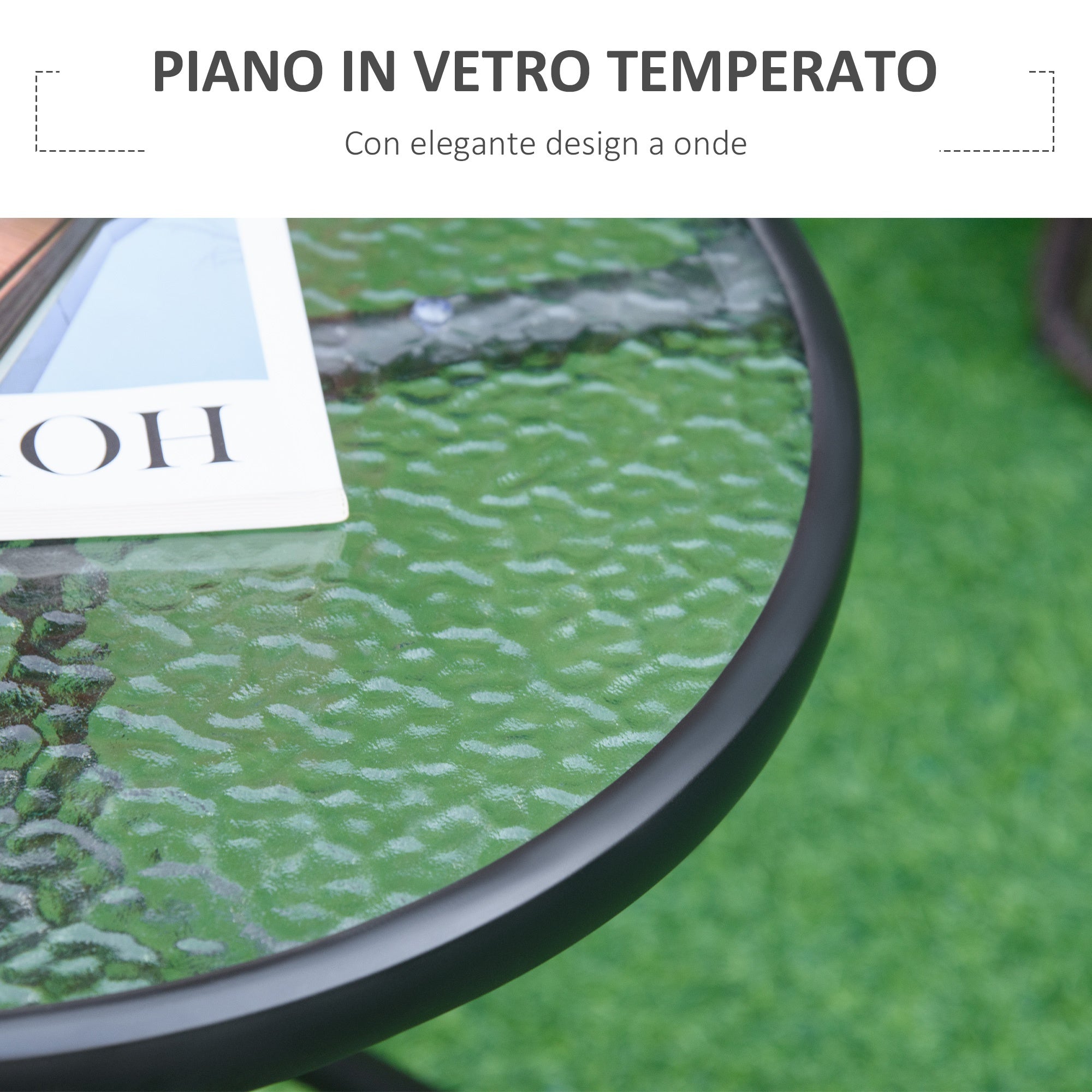 Tavolino da Giardino Ø50x55 cm Piano in Vetro Struttura in Metallo Nero