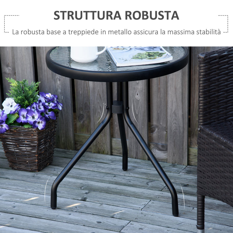 Tavolino da Giardino Ø50x55 cm Piano in Vetro Struttura in Metallo Nero