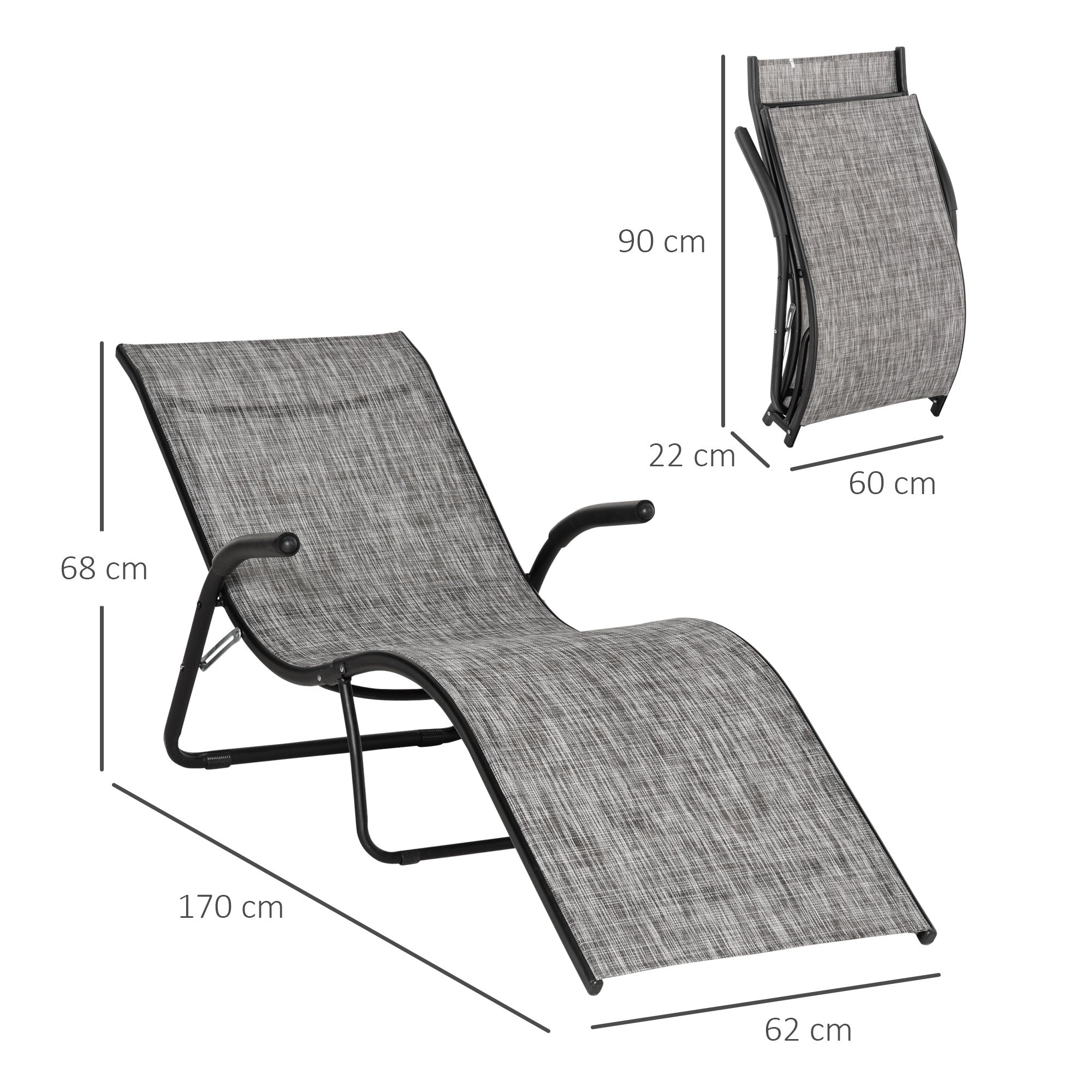 EasyComfort Lettino Prendisole Pieghevole Ergonomico da Esterno in Metallo e Tessuto a Rete, 170x62x68cm, Grigio