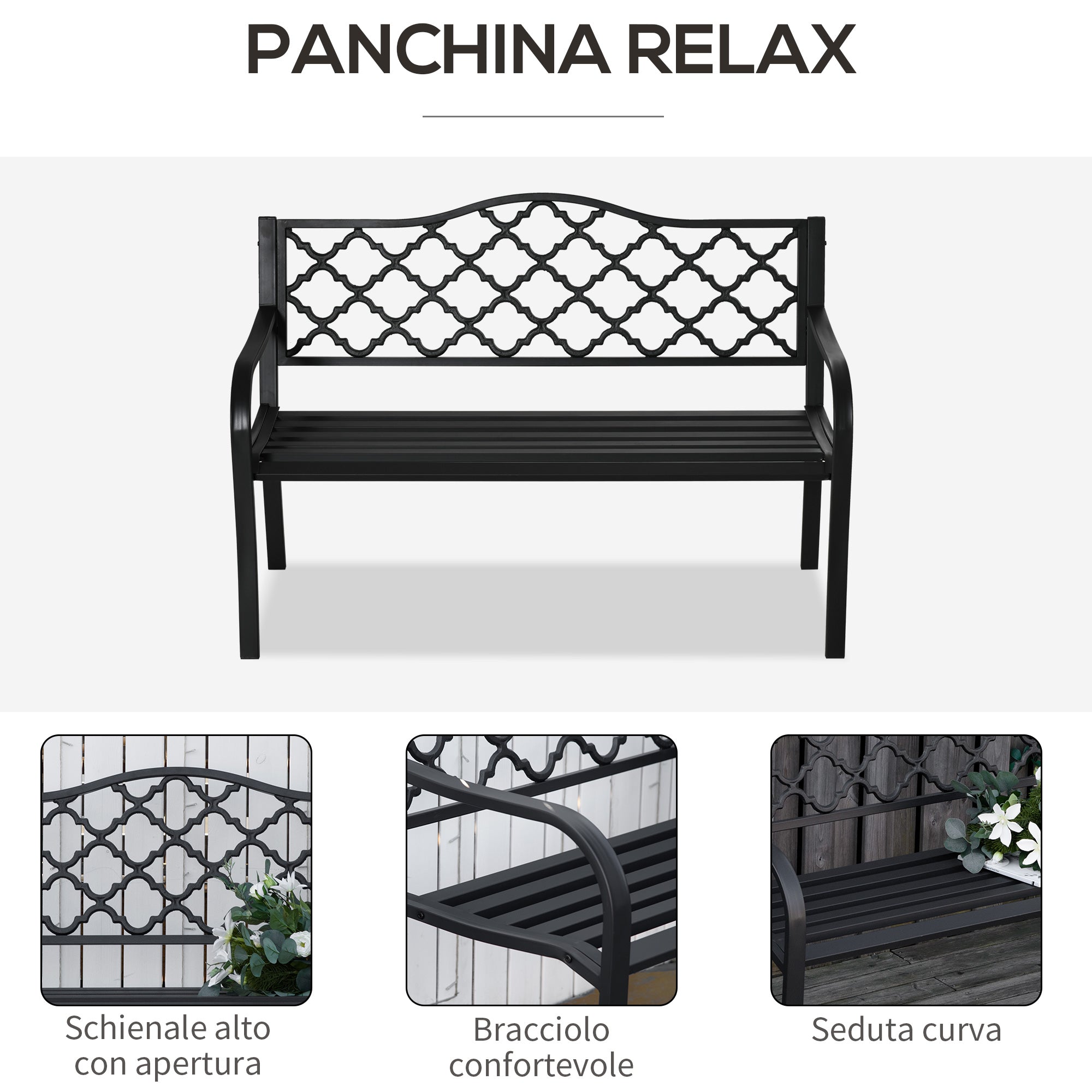 EASYCOMFORT  Panchina da Esterno 2 Posti in Acciaio e Ghisa con Braccioli e Schienale Decorato, 128x58.5x89cm, Nero