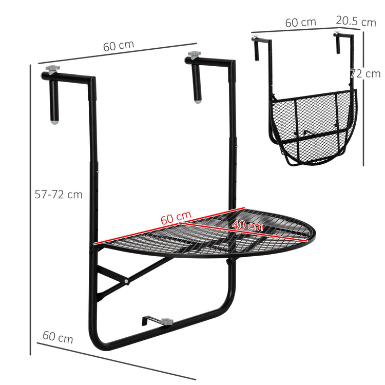 Tavolino da Ringhiera Pieghevole 60x60x57-72 cm in Metallo Nero