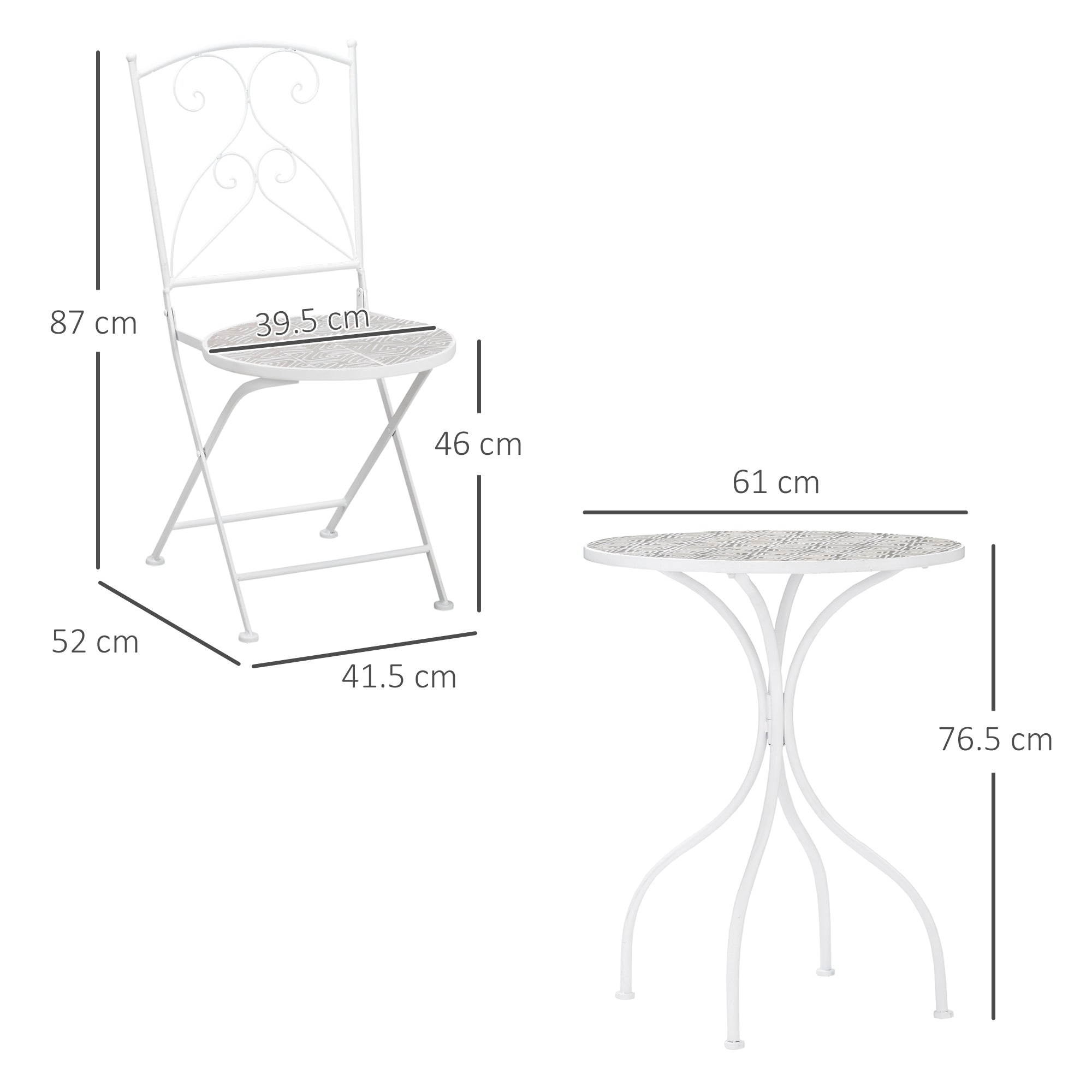 EasyComfort Set da Giardino 3 Pezzi con 2 Sedie Pieghevoli e 1 Tavolino a Mosaico, Bianco