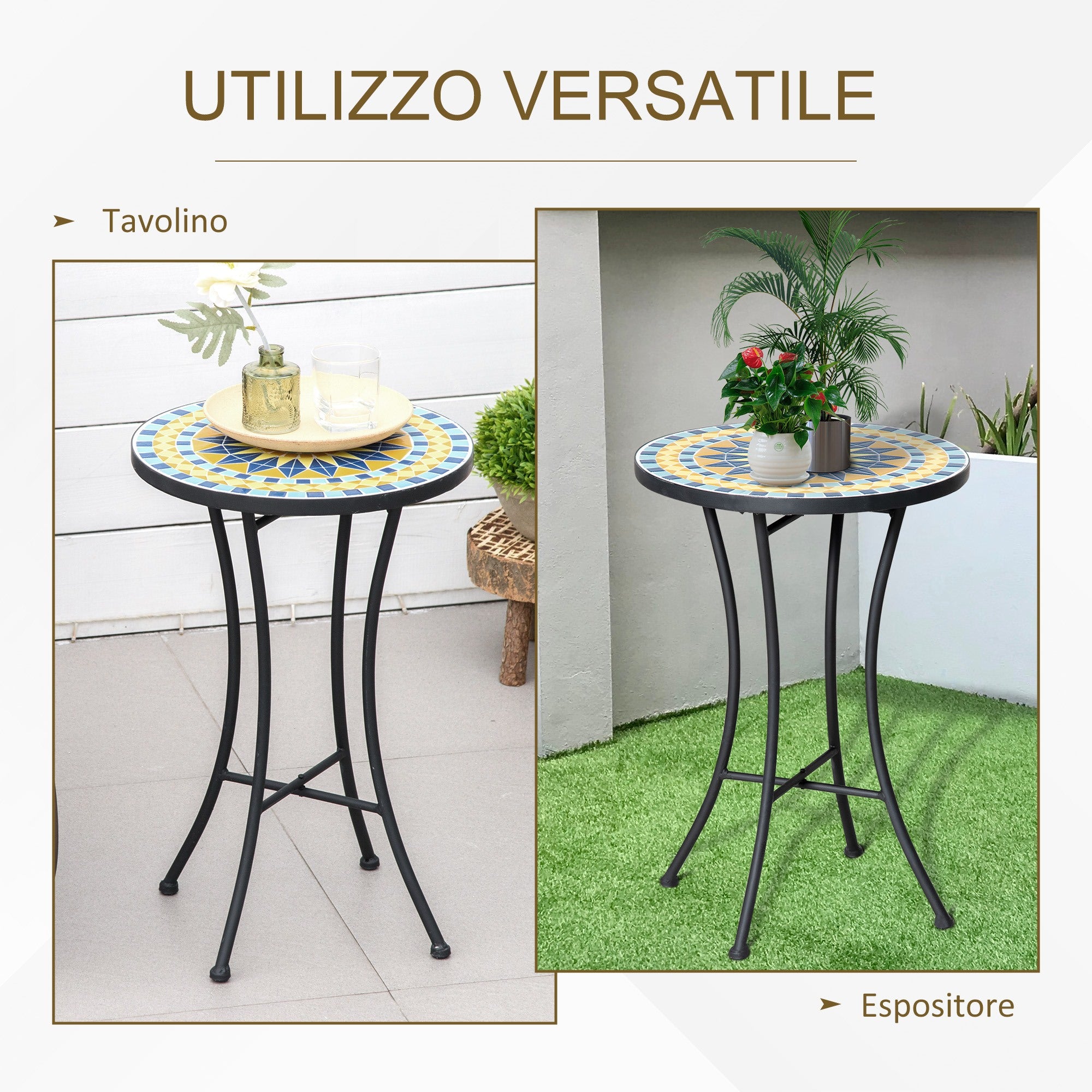 Easycomfort Tavolino da Giardino in Metallo con Piano d'Appoggio a Mosaico, ?35.5x53.5cm