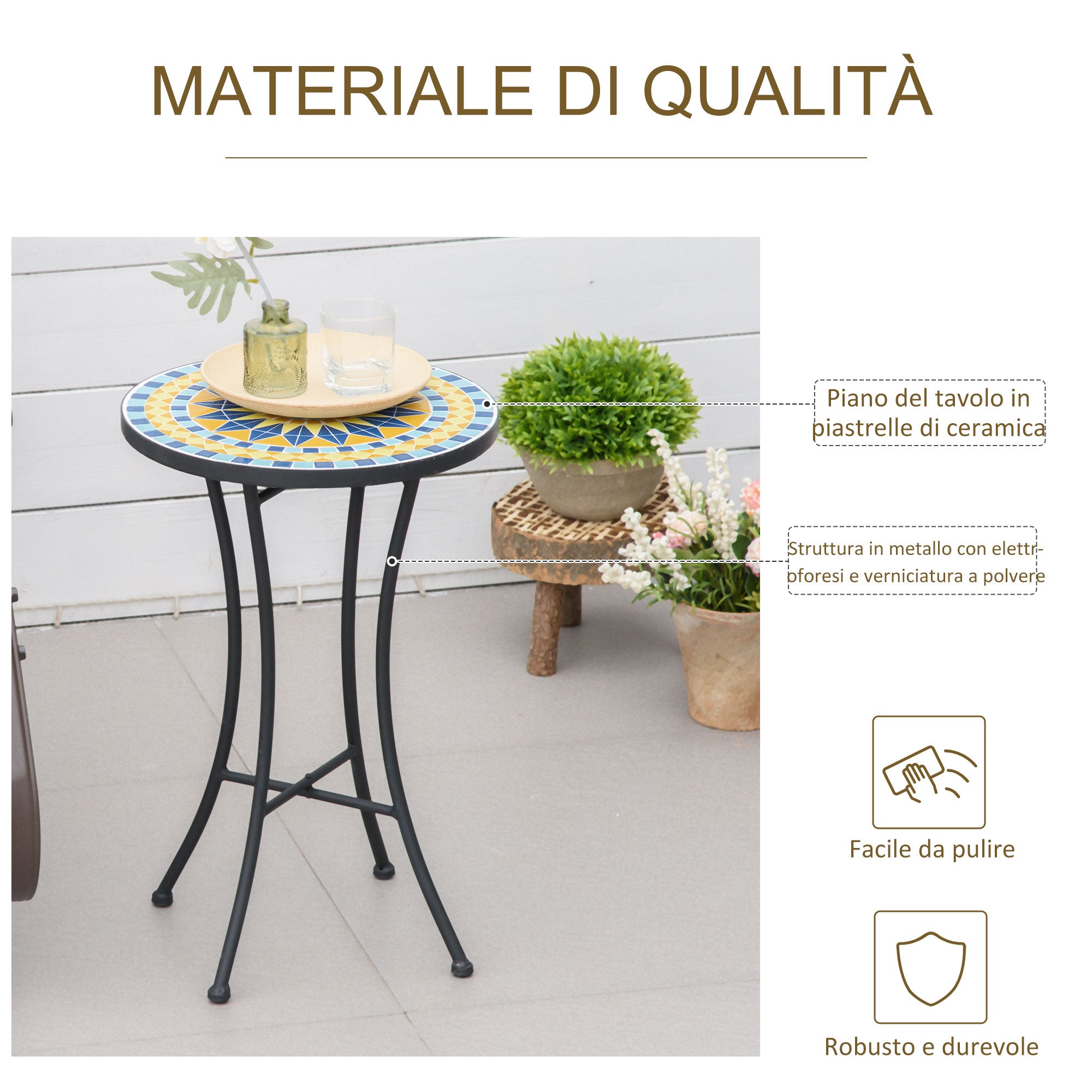 Easycomfort Tavolino da Giardino in Metallo con Piano d'Appoggio a Mosaico, ?35.5x53.5cm